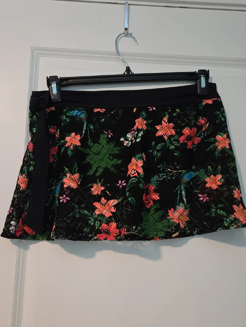 Women’s Black Floral Swim Skirt with Coral & Green Print